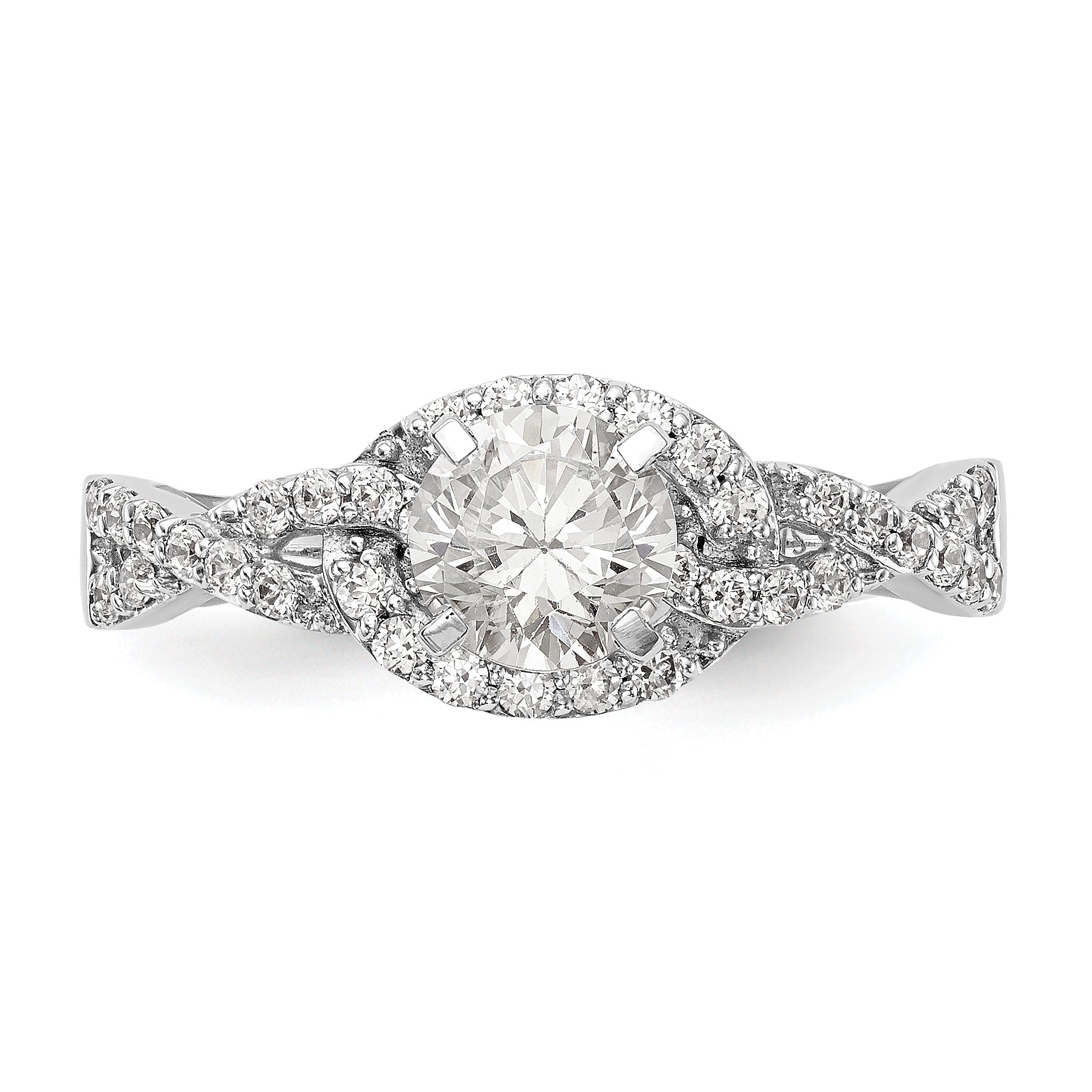 14k White Gold Peg Set Simulated Diamond Criss Cross Engagement Ring