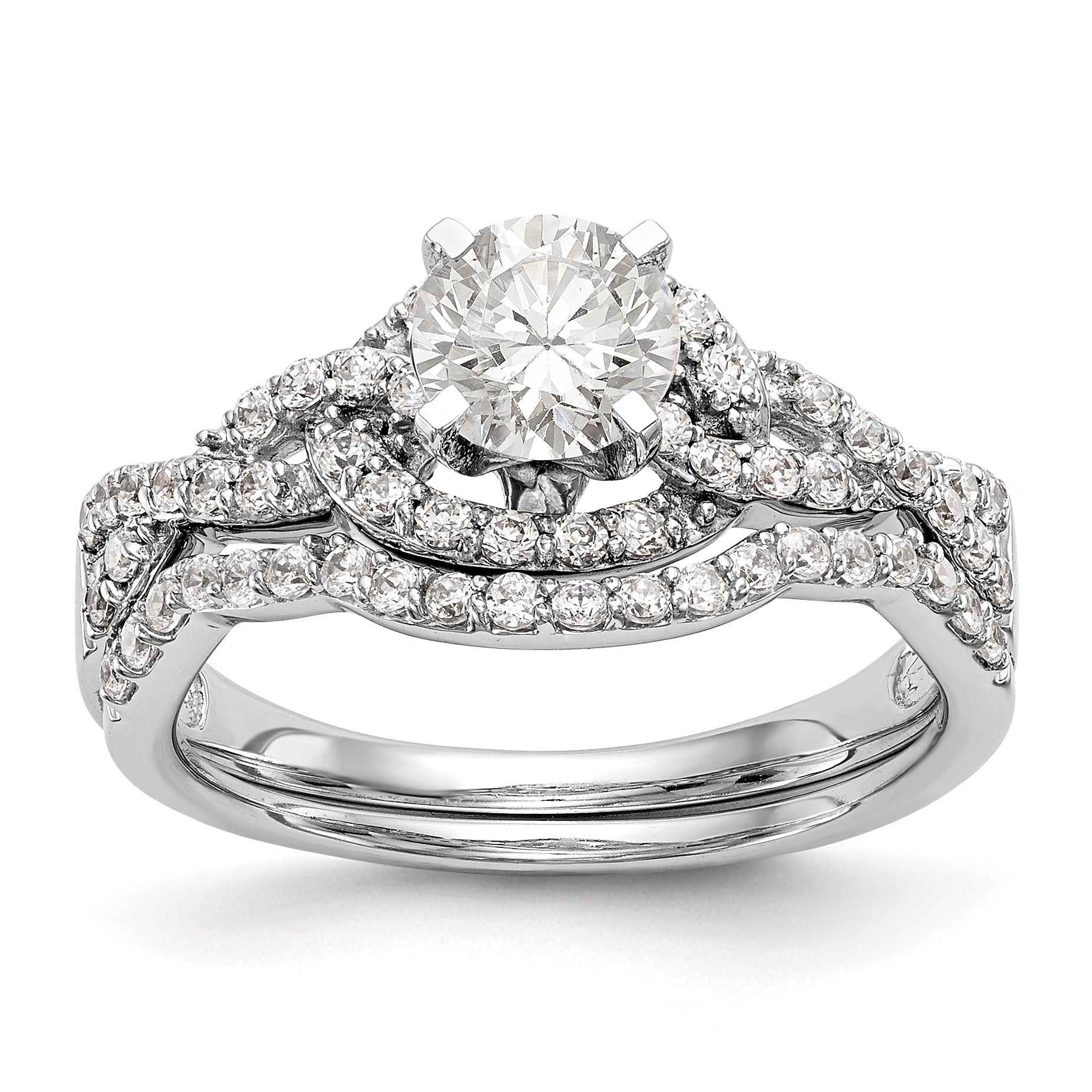 14k White Gold Peg Set Simulated Diamond Criss Cross Engagement Ring