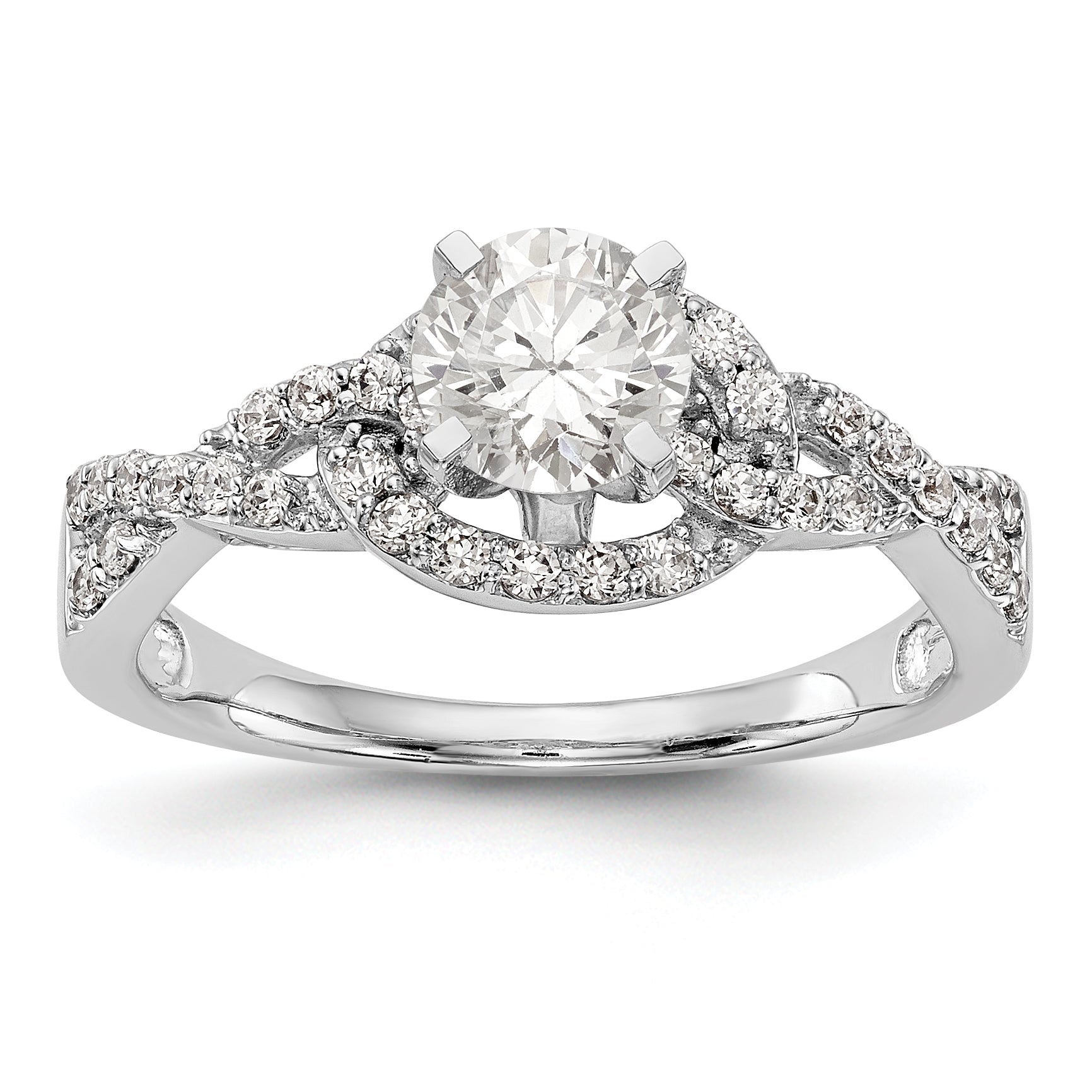 14k White Gold Peg Set Simulated Diamond Criss Cross Engagement Ring