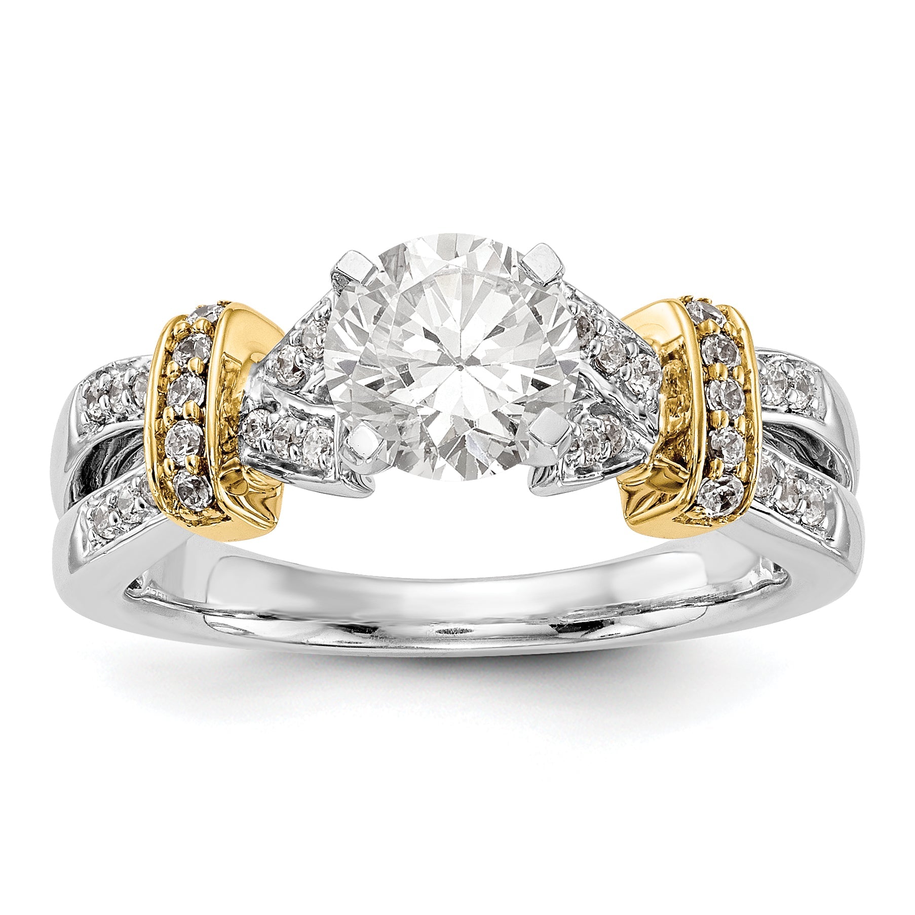 14k Two tone Peg Set Simulated Diamond Criss Cross Engagement Ring