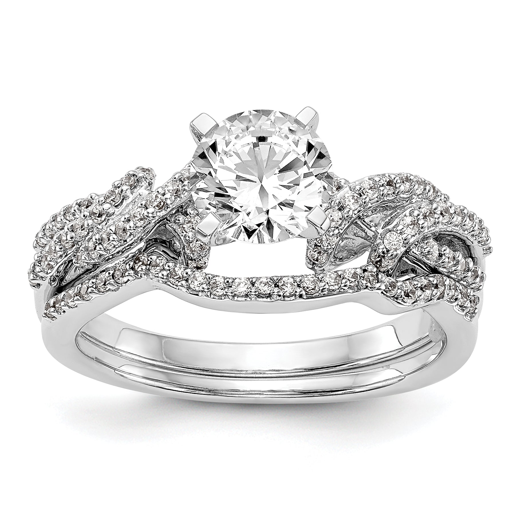 14k White Gold Peg Set Simulated Diamond Criss Cross Engagement Ring