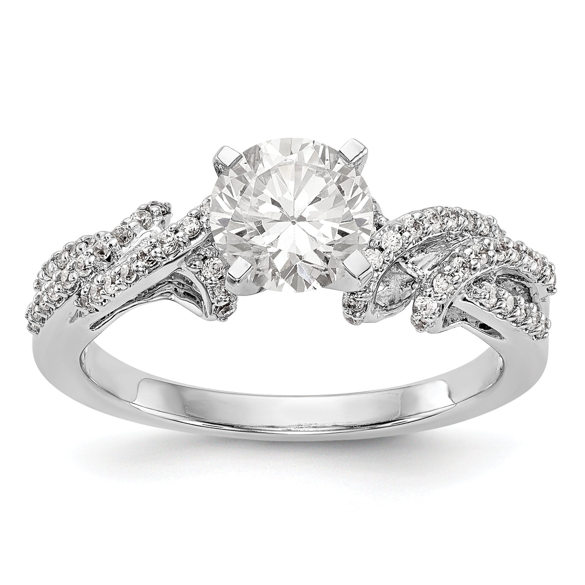 14k White Gold Peg Set Simulated Diamond Criss Cross Engagement Ring