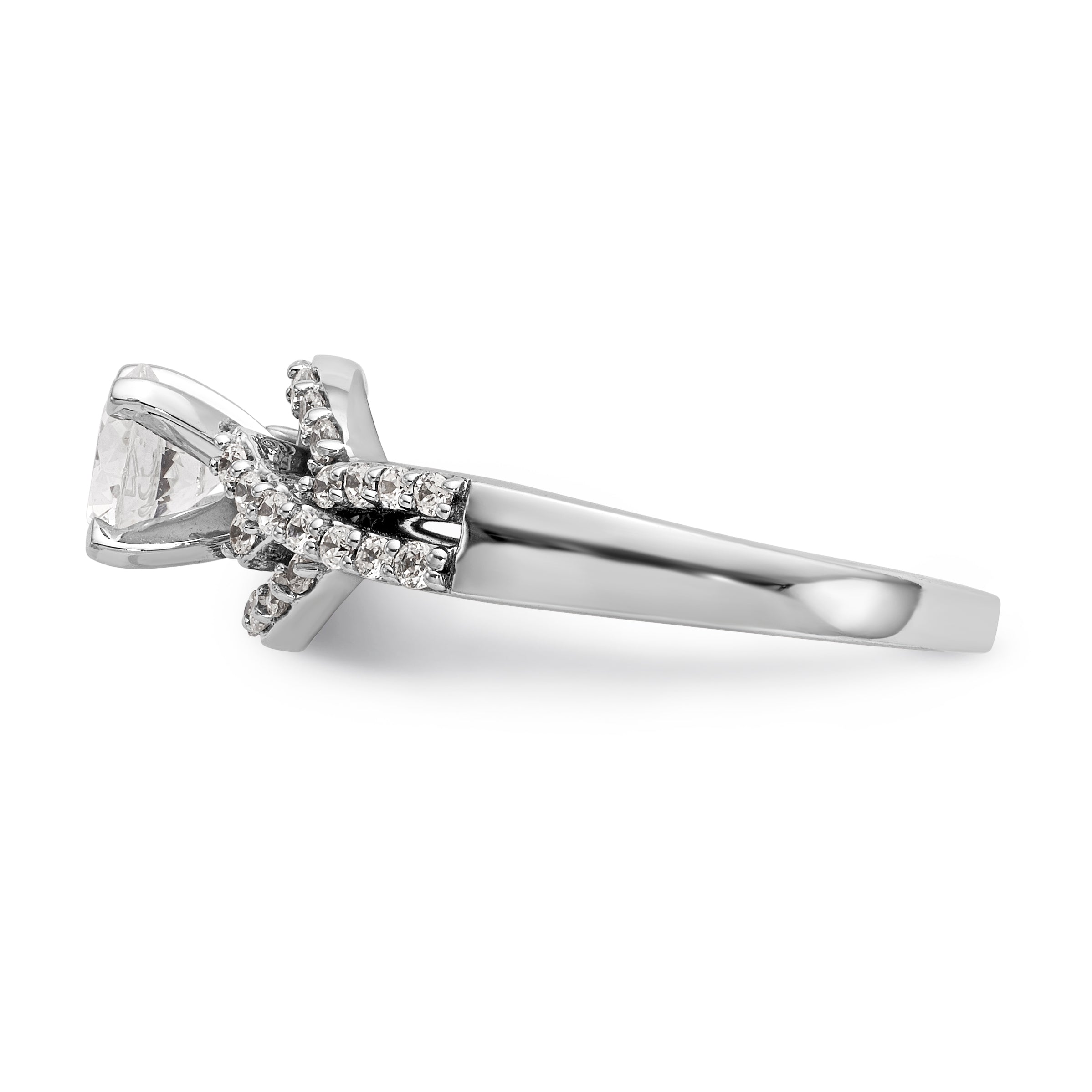 14k White Gold Peg Set Simulated Diamond Criss Cross Engagement Ring