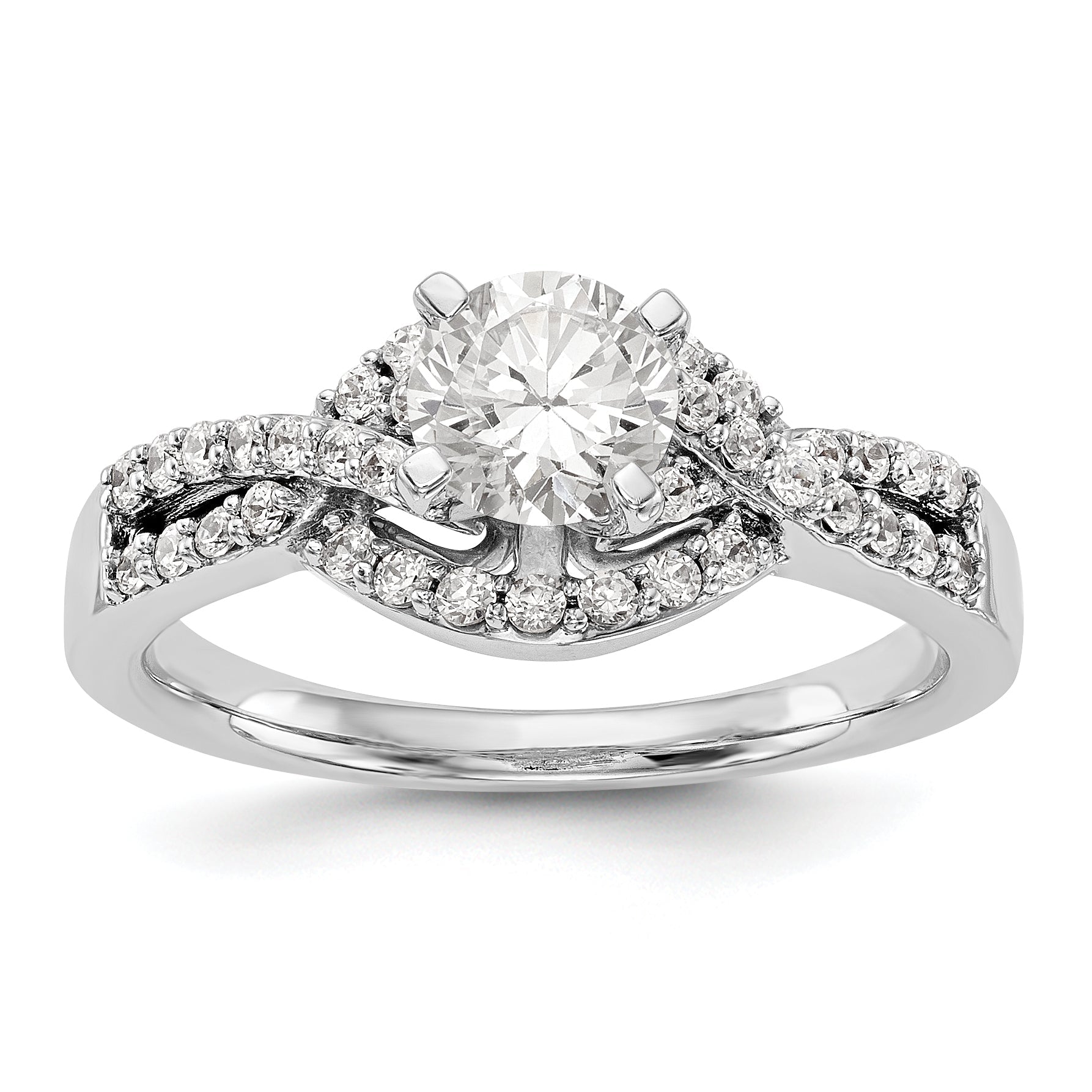 14k White Gold Peg Set Simulated Diamond Criss Cross Engagement Ring