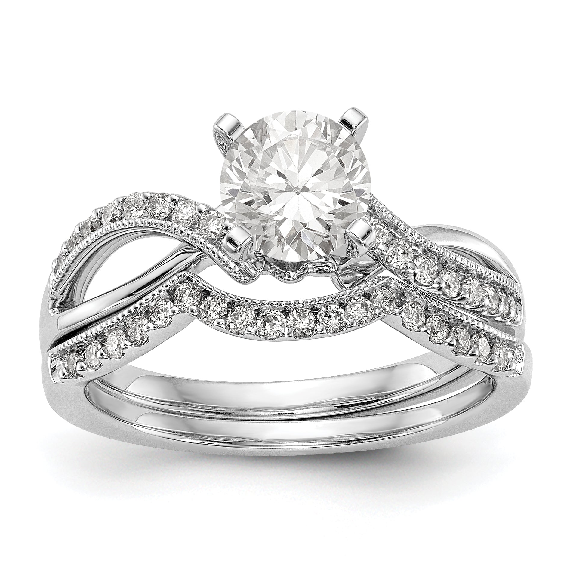 14k White Gold Peg Set Simulated Diamond Criss Cross Engagement Ring