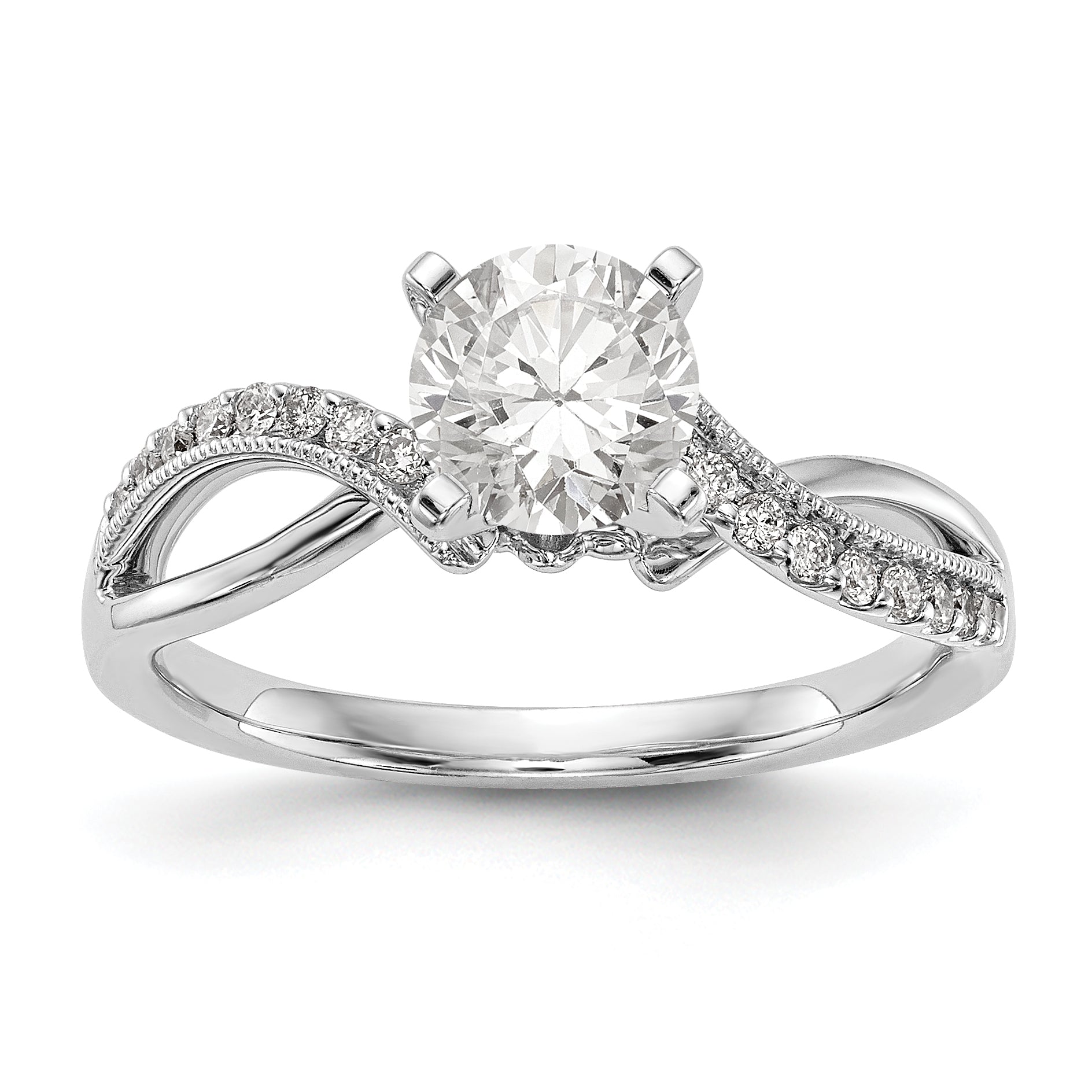 14k White Gold Peg Set Simulated Diamond Criss Cross Engagement Ring