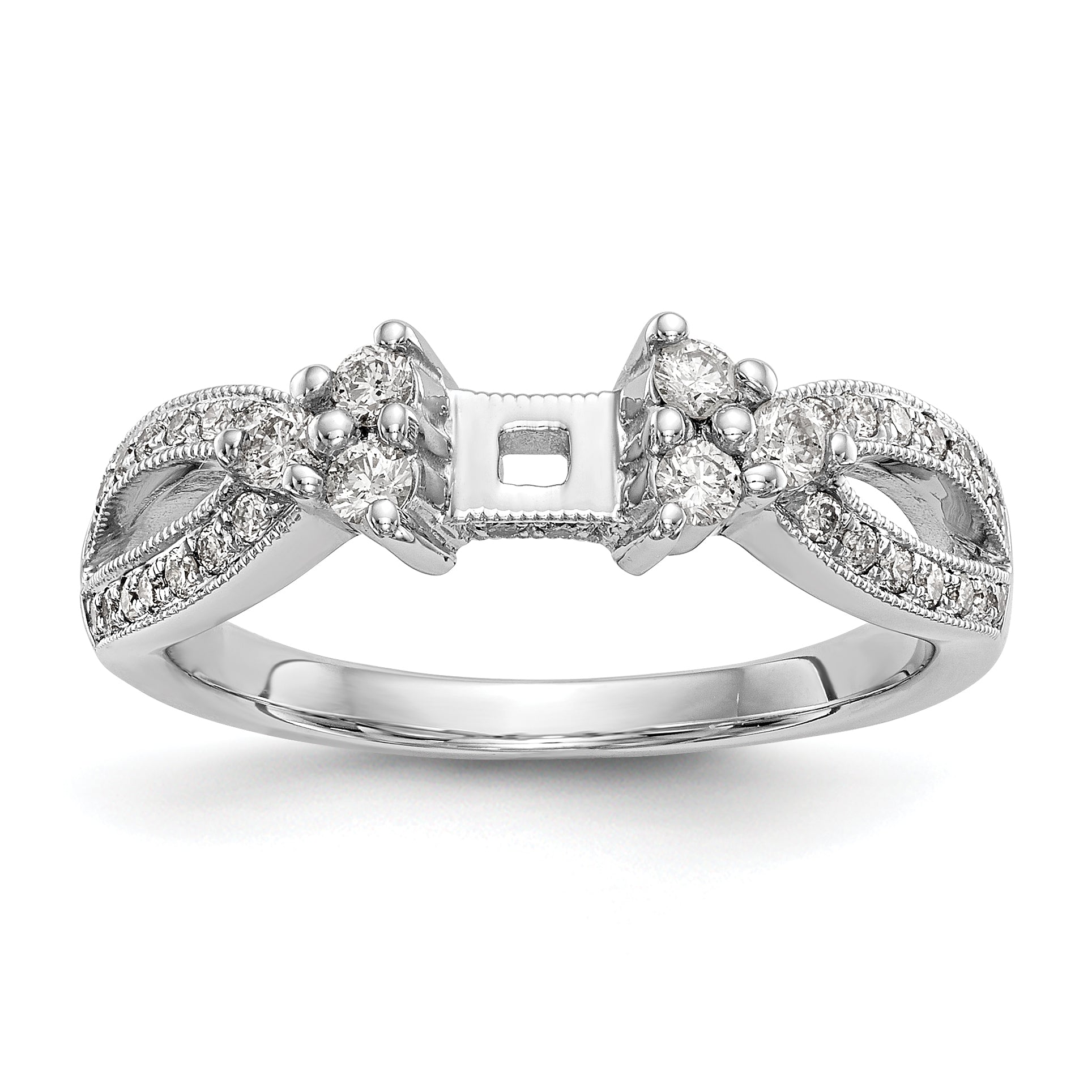14k White Gold Peg Set Simulated Diamond Criss Cross Engagement Ring