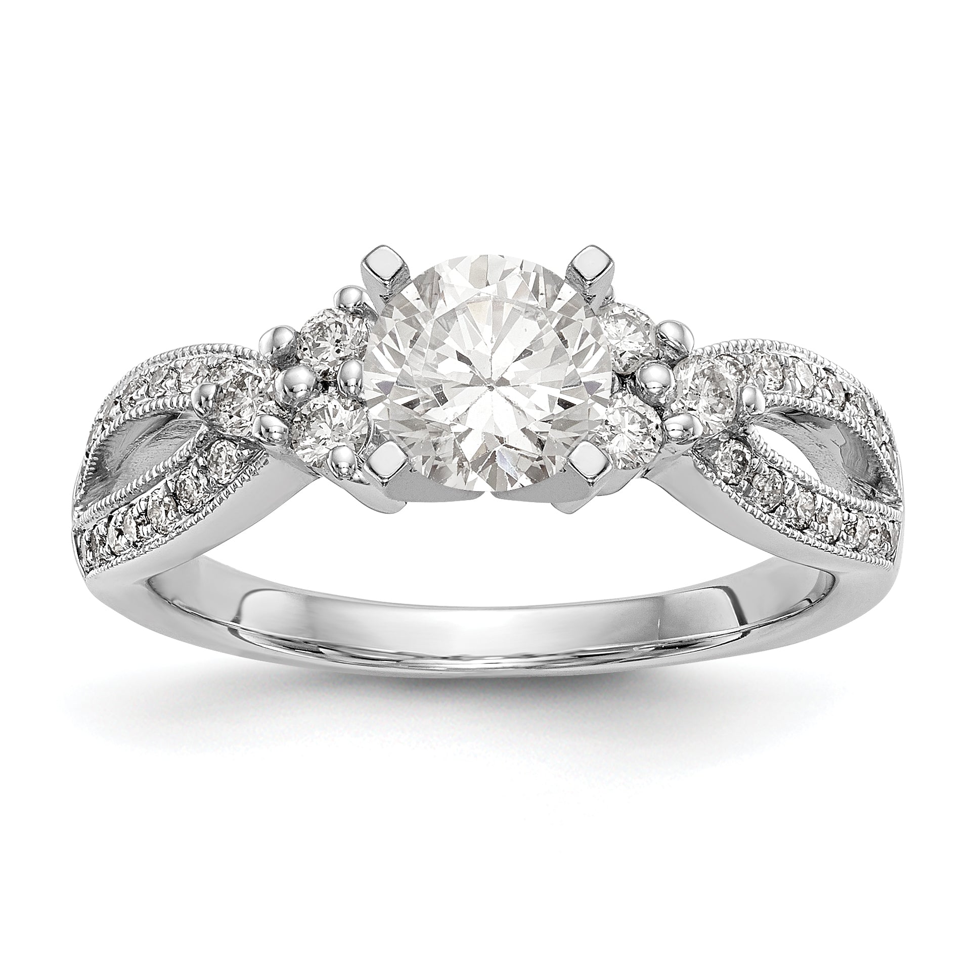 14k White Gold Peg Set Simulated Diamond Criss Cross Engagement Ring