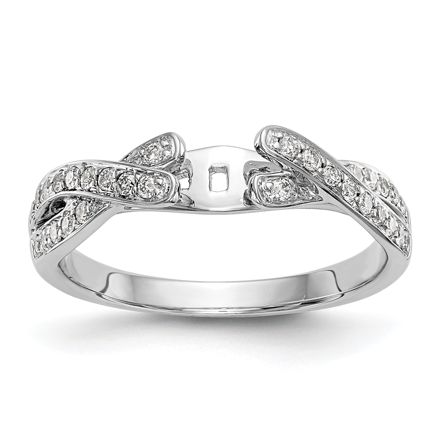 14k White Gold Peg Set Simulated Diamond Criss Cross Engagement Ring