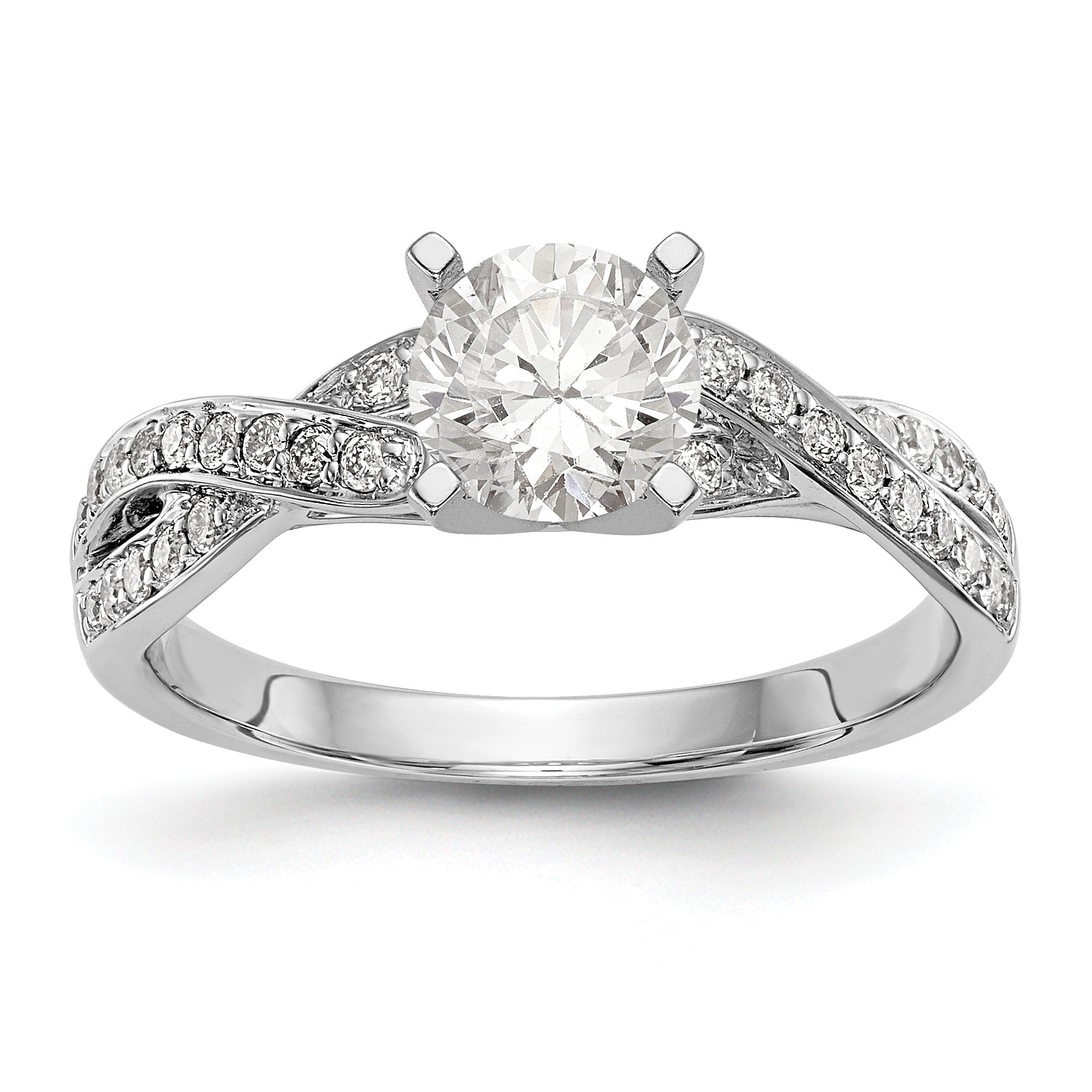 14k White Gold Peg Set Simulated Diamond Criss Cross Engagement Ring
