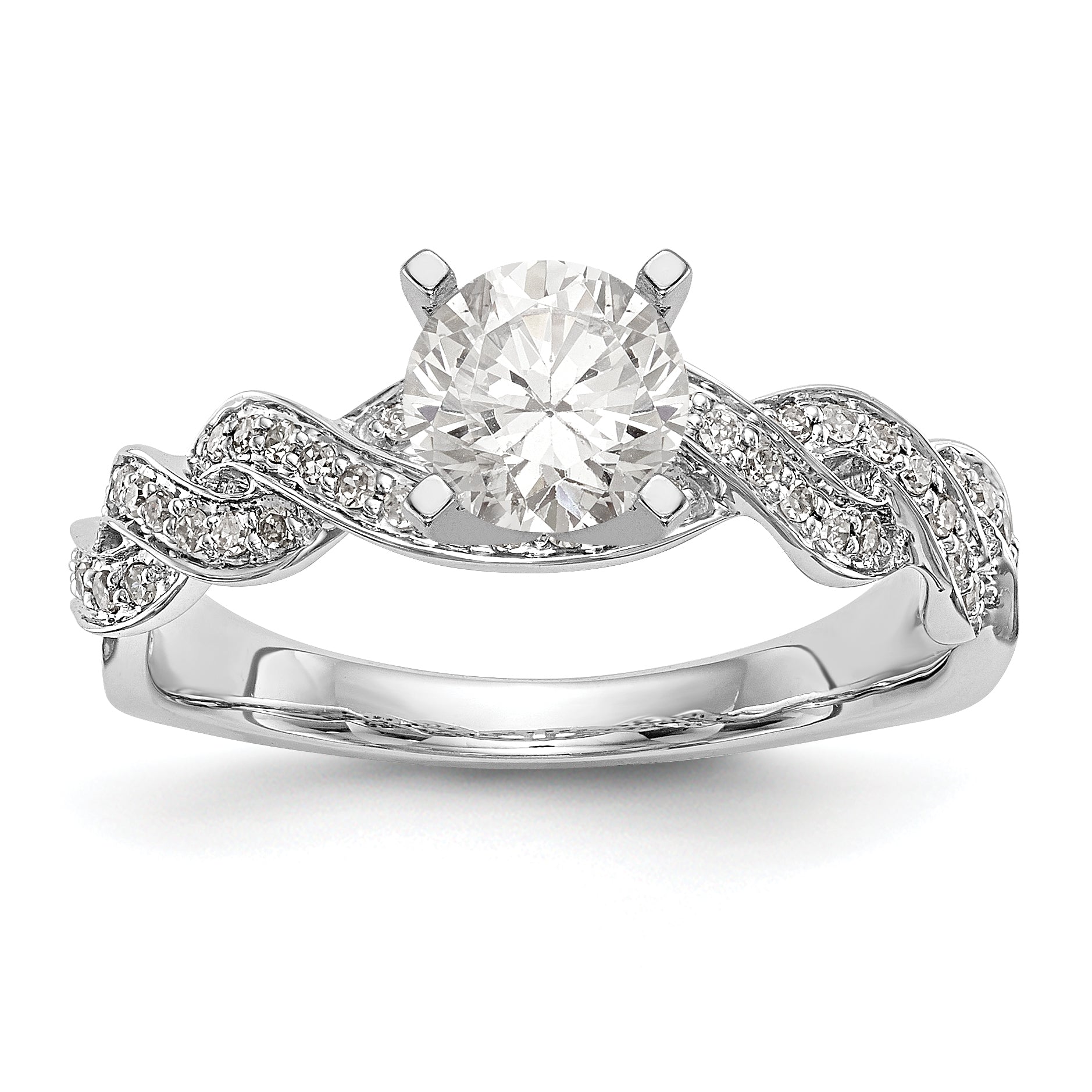 14k White Gold Peg Set Simulated Diamond Criss Cross Engagement Ring