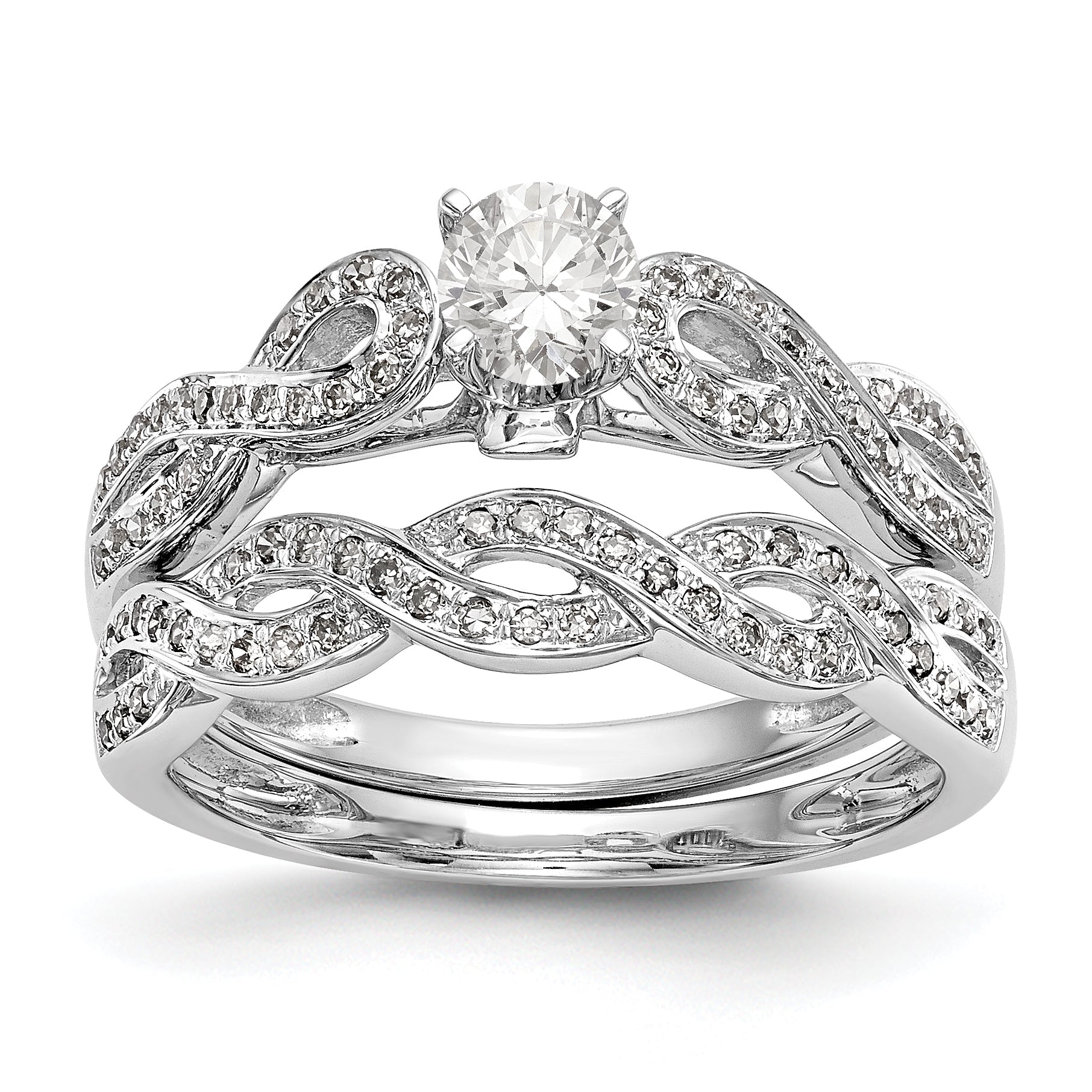 14k White Gold Peg Set Simulated Diamond Criss Cross Engagement Ring