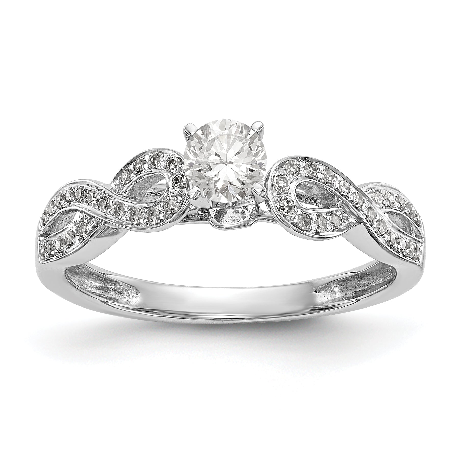 14k White Gold Peg Set Simulated Diamond Criss Cross Engagement Ring