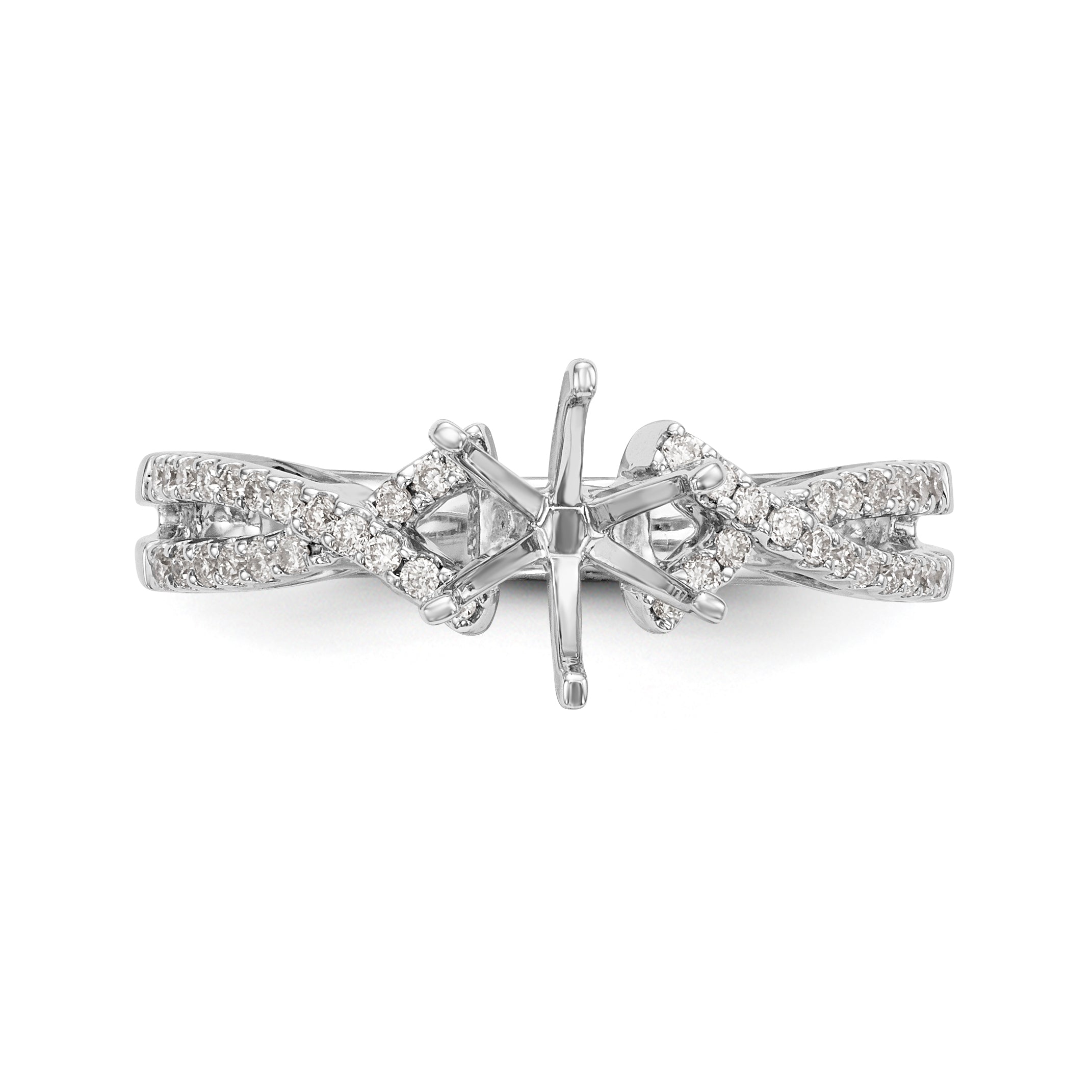 14k White Gold Peg Set Simulated Diamond Criss Cross Engagement Ring