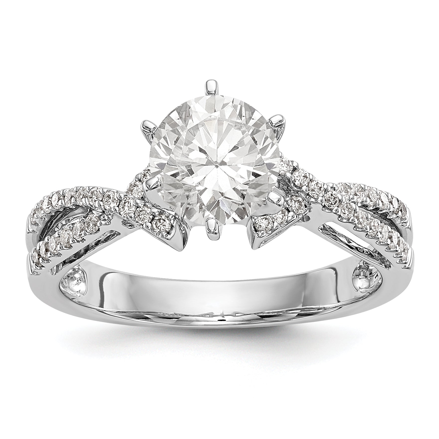 14k White Gold Peg Set Simulated Diamond Criss Cross Engagement Ring