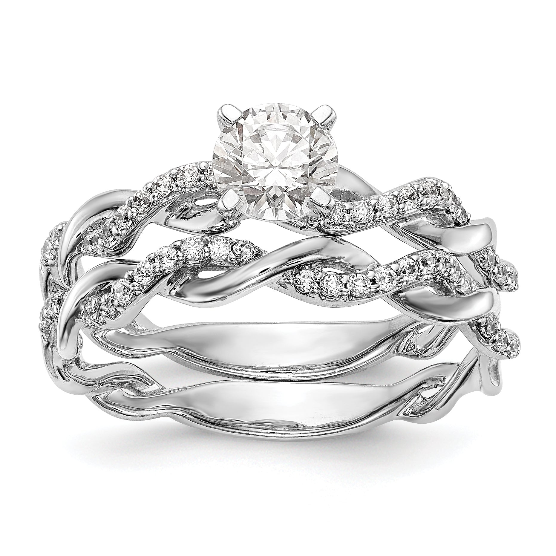 14k White Gold Peg Set Simulated Diamond Criss Cross Engagement Ring