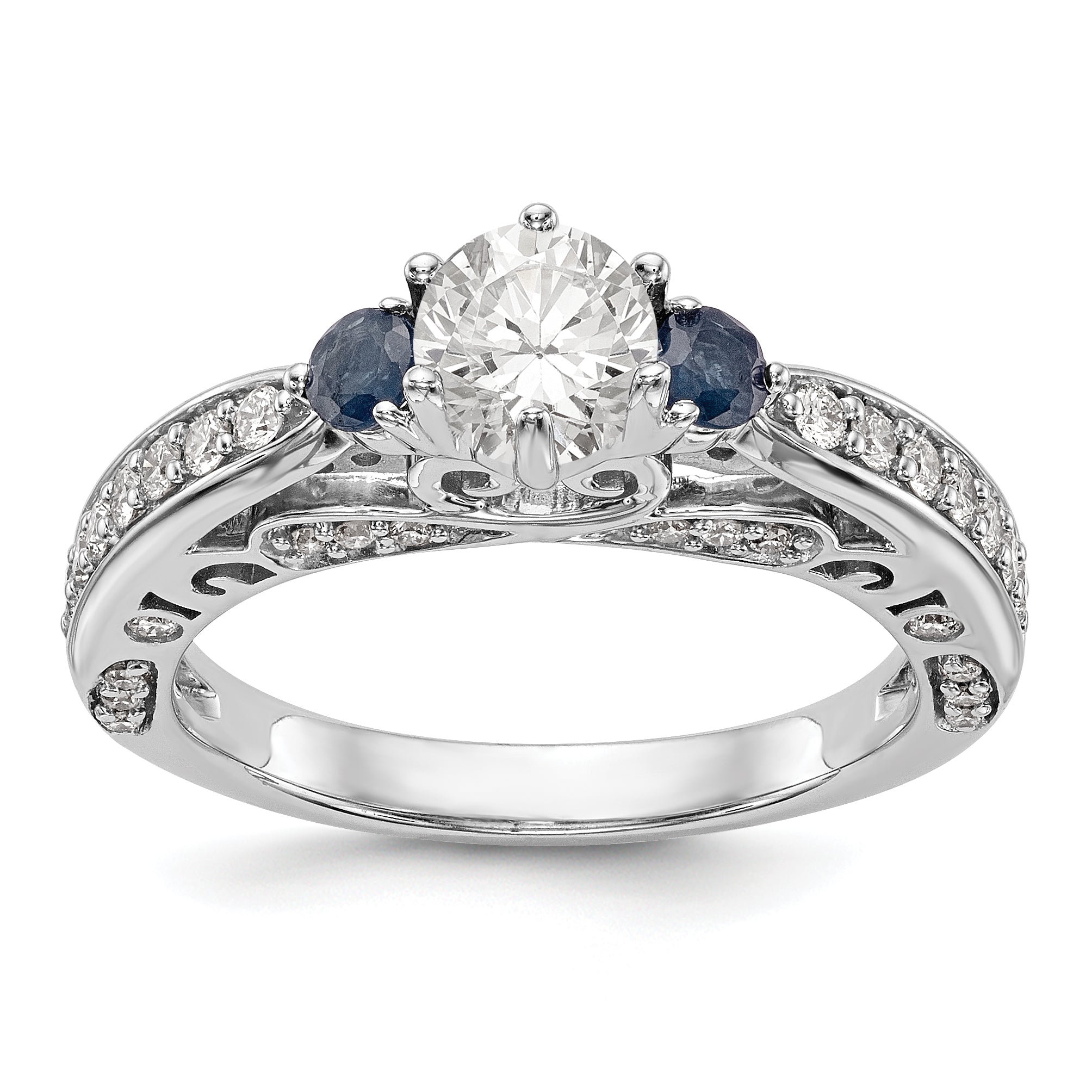 14k White Gold Simulated Diamond with Sapphire Engagement Ring