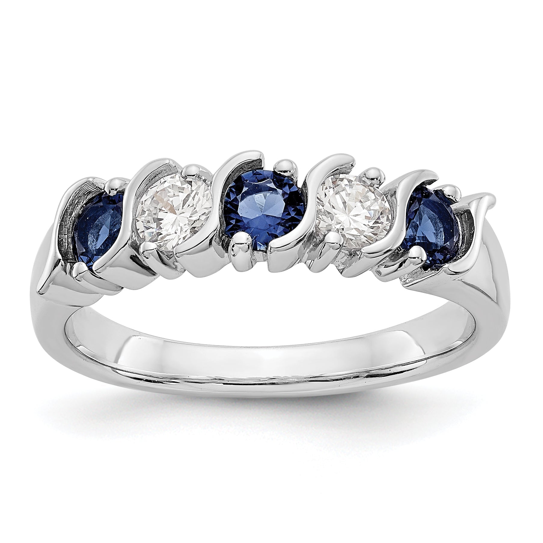14k White Gold 3.25mm Sapphire AA Diamond 5 Stone Ring