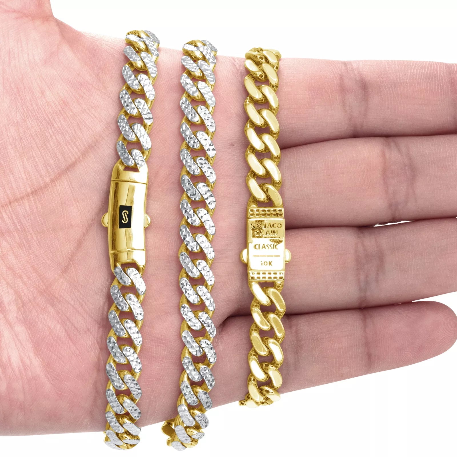 10k Yellow Gold 7.5mm Monaco Miami Cuban Link Diamond Cut Pave Chain Bracelet 9"