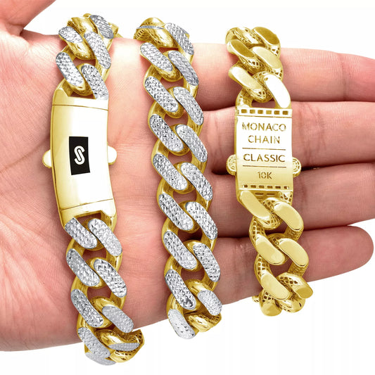 10k Yellow Gold 15mm Monaco Miami Cuban Link Diamond Cut Pave Chain Necklace 20"