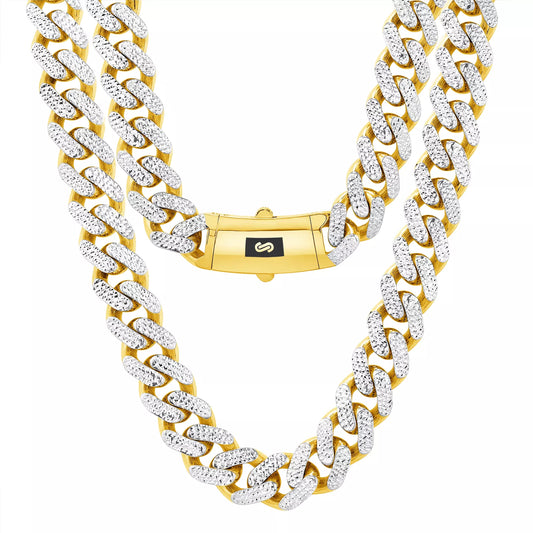 10k Yellow Gold 13mm Monaco Miami Cuban Link Diamond Cut Pave Chain Necklace 30"