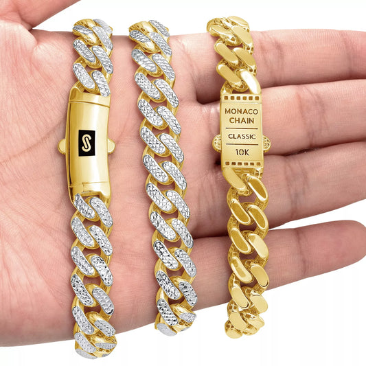 10k Yellow Gold 15mm Monaco Miami Cuban Diamond Cut Pave Chain Bracelet 8.5"
