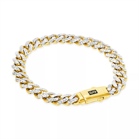 10K Yellow Gold Miami Cuban 7.5mm Monaco Diamond Cut Pave Chain Bracelet 7"- 9"