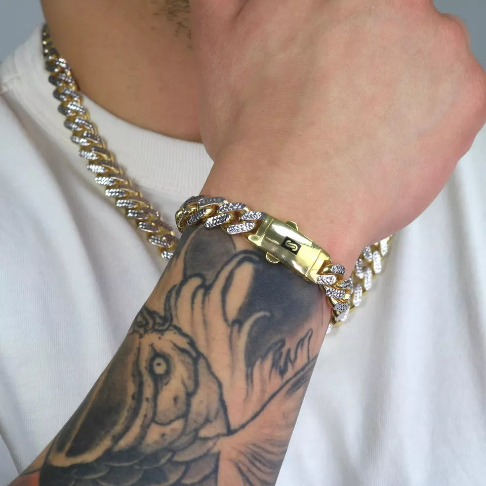 10K Yellow Gold Miami Cuban 11mm Monaco Diamond Cut Pave Chain Bracelet 8"- 9"