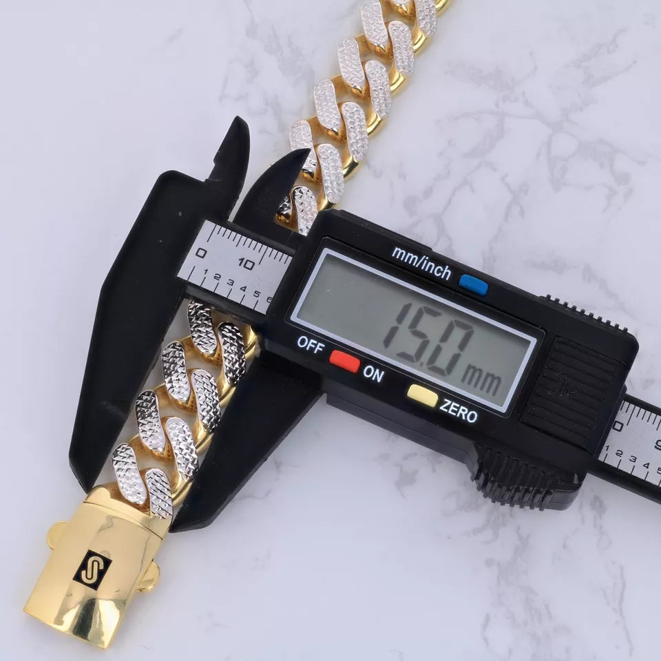 10K Yellow Gold Miami Cuban 15mm Monaco Diamond Cut Pave Chain Bracelet 8"- 9"