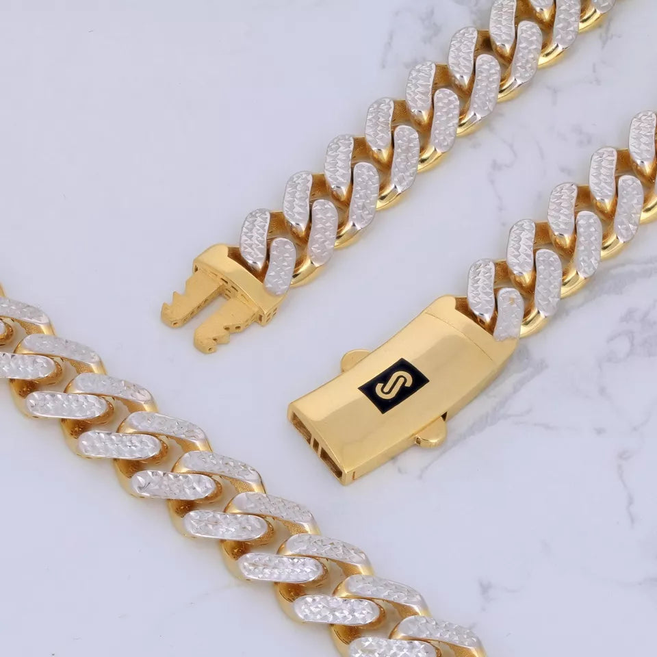 10k Yellow Gold 11mm Monaco Miami Cuban Link Diamond Cut Pave Chain Necklace 18"