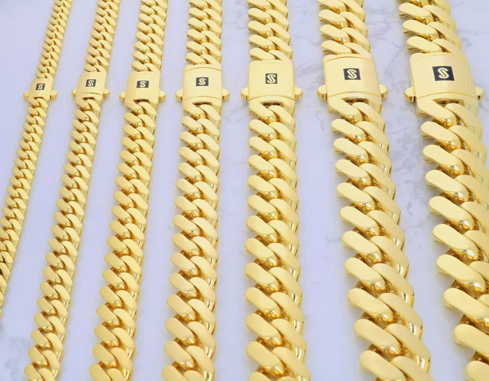 10K Yellow Gold Miami Cuban Royal Monaco Link Chain Necklace 5mm-20mm, 16"- 30"