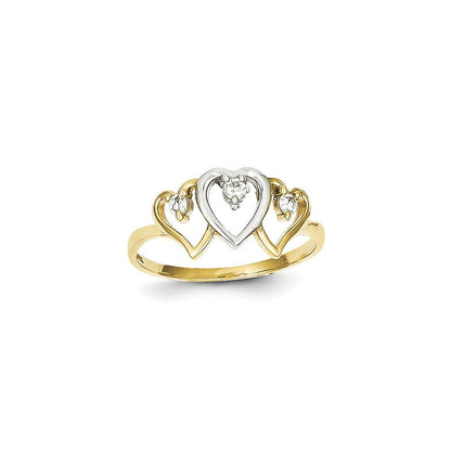 10k yellow gold rhodium triple heart cz ring 10c1197