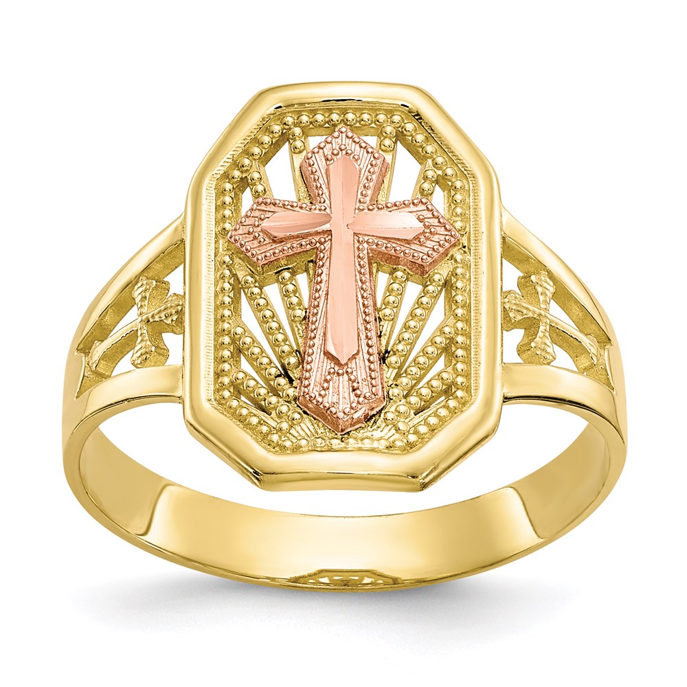 10k two tone gold filigree cross ring 10c1289