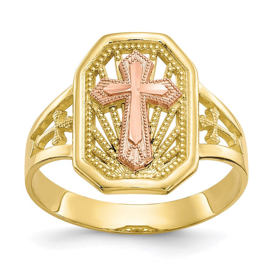 10k two tone gold filigree cross ring 10c1289