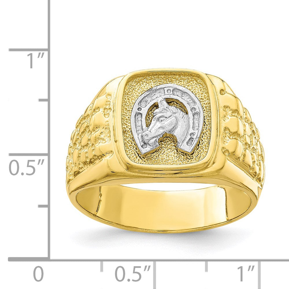 10k two tone gold horseshoe with horse head mens ring 10c1382