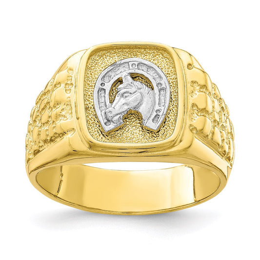 10k two tone gold horseshoe with horse head mens ring 10c1382