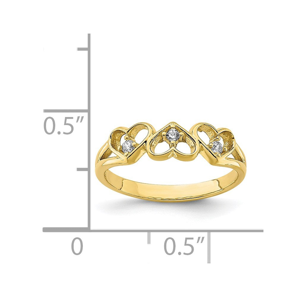 10k yellow gold cz 3 heart childs ring 10c1392