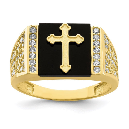 10k yellow gold cz and onyx cross mens ring 10c1401