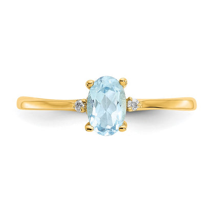 10K Yellow Gold Polished Geniune Real Diamond & Aquamarine Birthstone Ring