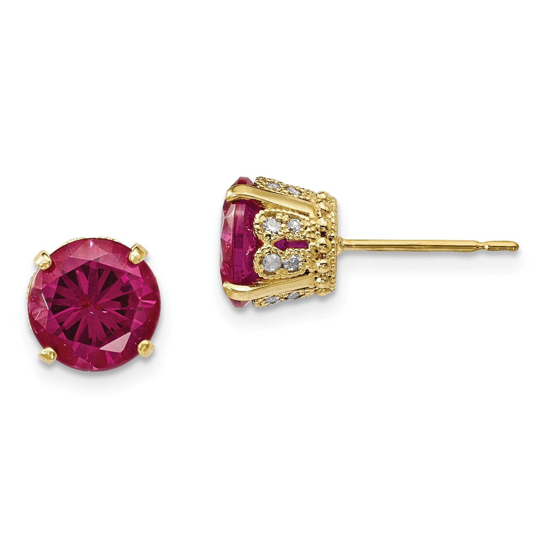 10K Tiara Collection Polished Diamond Lab Created Ruby Post Earrings