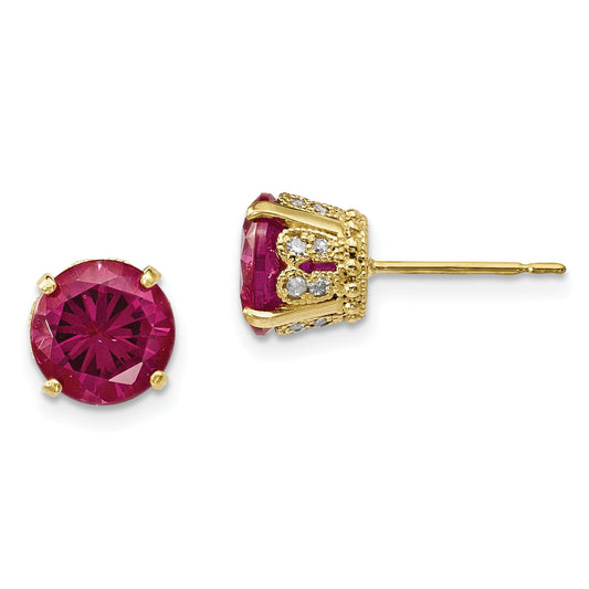 10K Tiara Collection Polished Diamond Lab Created Ruby Post Earrings