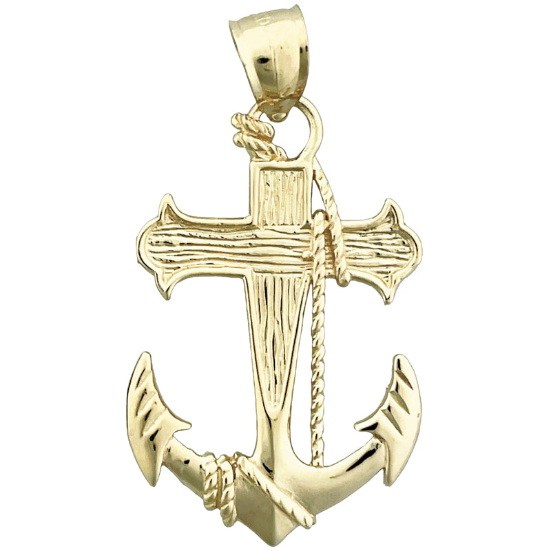 14K Gold Sailor Rope, Cross and Ship Anchor Pendant