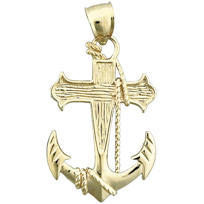 14K Gold Sailor Rope, Cross and Ship Anchor Pendant