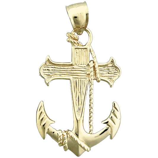 14K Gold Sailor Rope, Cross and Ship Anchor Pendant