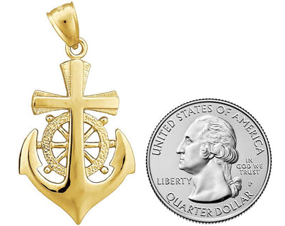 14K Gold Cross, Ship Wheel and Anchor Pendant