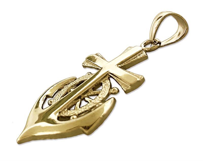 14K Gold Cross, Ship Wheel and Anchor Pendant