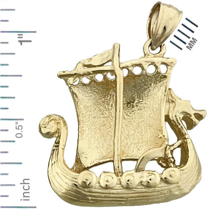 14K Gold 3D Viking Sailing Ship Pendant