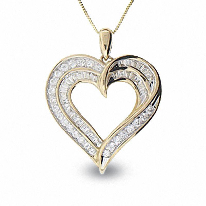 0.5 CT. T.W. Natural Diamond Double Row Heart Pendant in 10K Yellow Gold