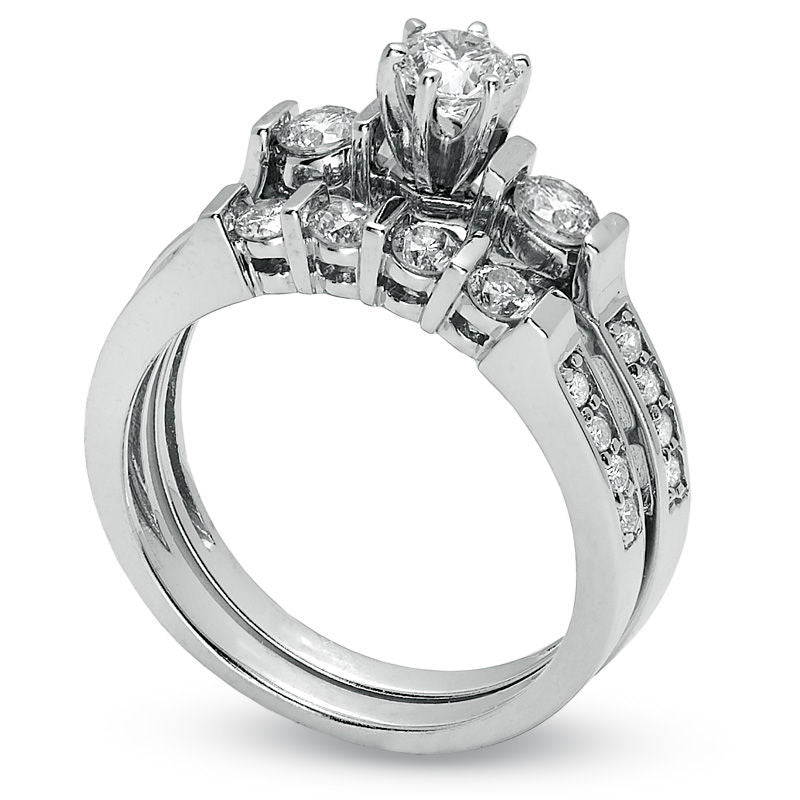 1.0 CT. T.W. Natural Diamond Three Stone Bridal Engagement Ring Set in Solid 14K White Gold