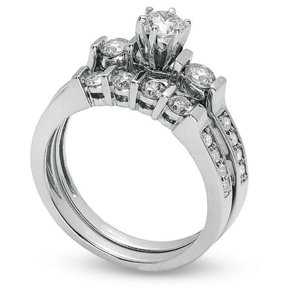 1.0 CT. T.W. Natural Diamond Three Stone Bridal Engagement Ring Set in Solid 14K White Gold